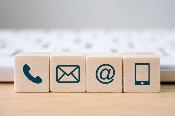 Wood block symbol telephone, mail, address and mobile phone. Website page contact us or e-mail marketing concept
